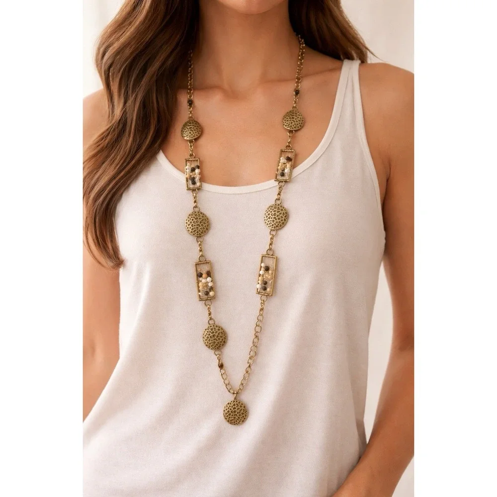 Vintage Gold Tone Geometric Chain Belt Hammered Disc Beaded Boho Adjustable
